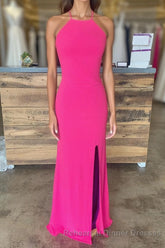 Sheath Halter Hot Pink Long Semi Formal Prom Dress with Silt